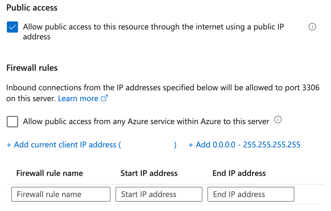 Screenshot of the network connectivity selection for public access, and a list of firewall rules.