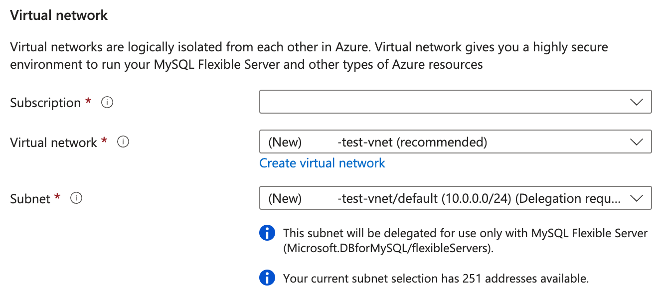 Screenshot of the settings for the virtual network, including subscription, virtual network, and subnet.