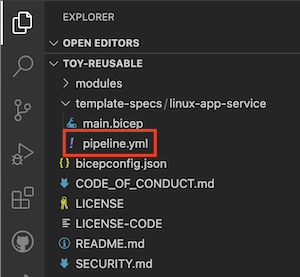 Screenshot of Visual Studio Code that shows the ___location of the pipeline definition file.