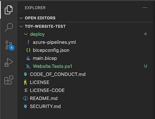 Screenshot of Visual Studio Code Explorer. The deploy folder and the test file are shown.