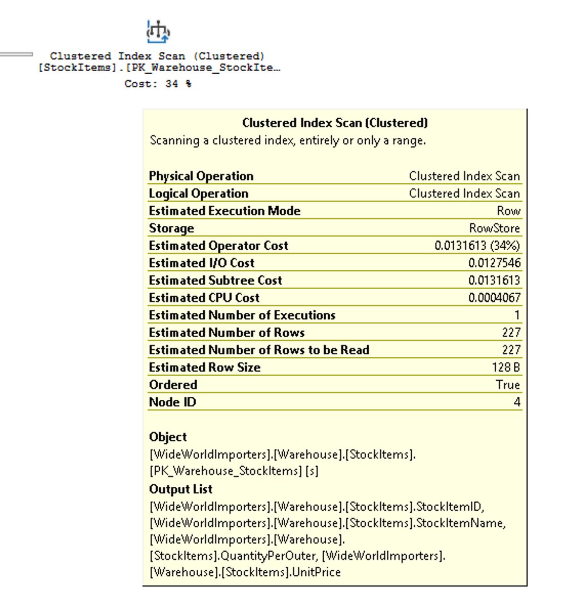 Screenshot of a tooltip for the Clustered Index Scan operation on the StockItems table.