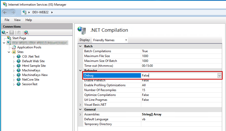Screenshot of setting the value of Debug under the Behavior category.