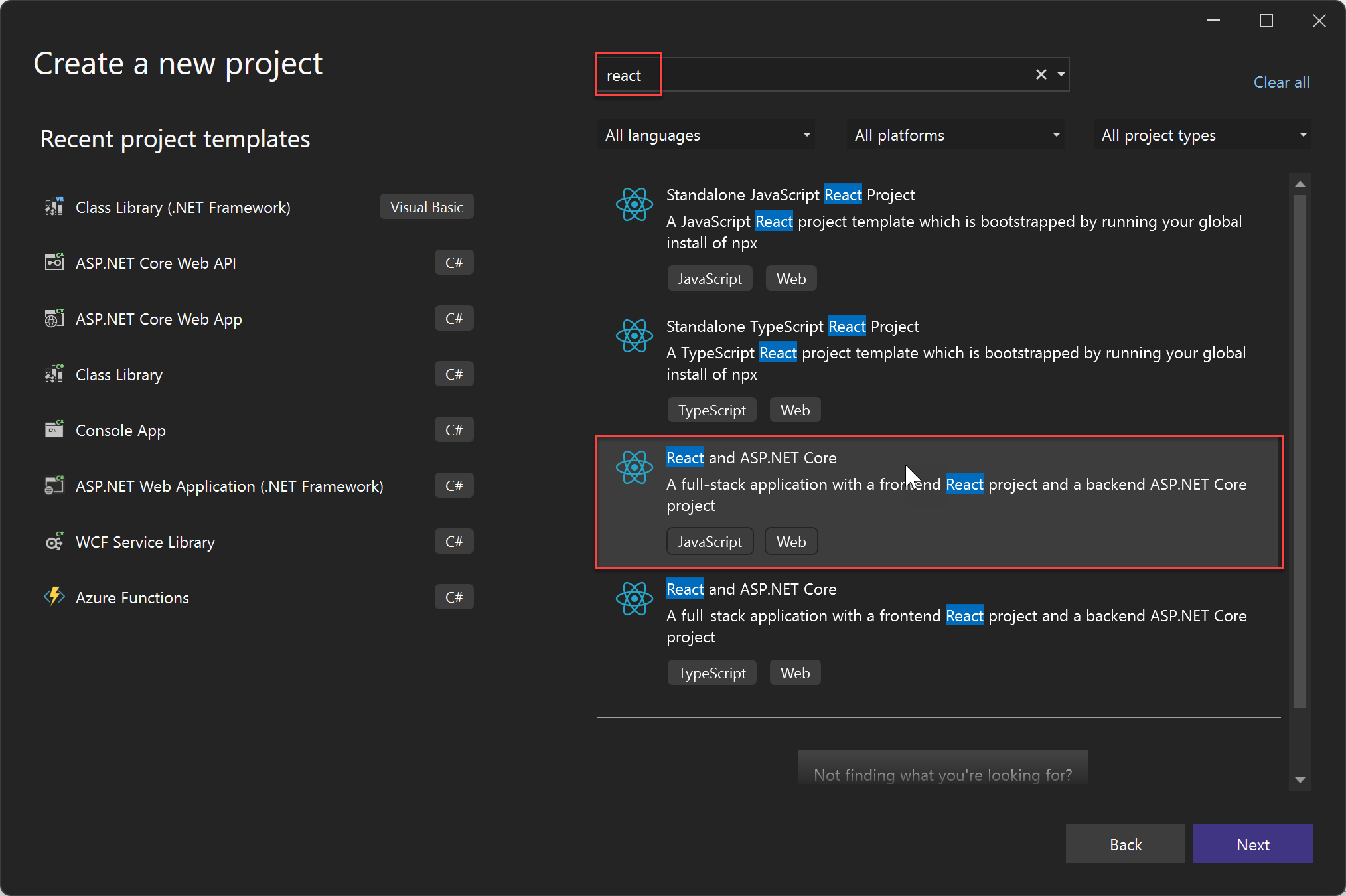 Screenshot of creating a new React and ASP.NET Core project.