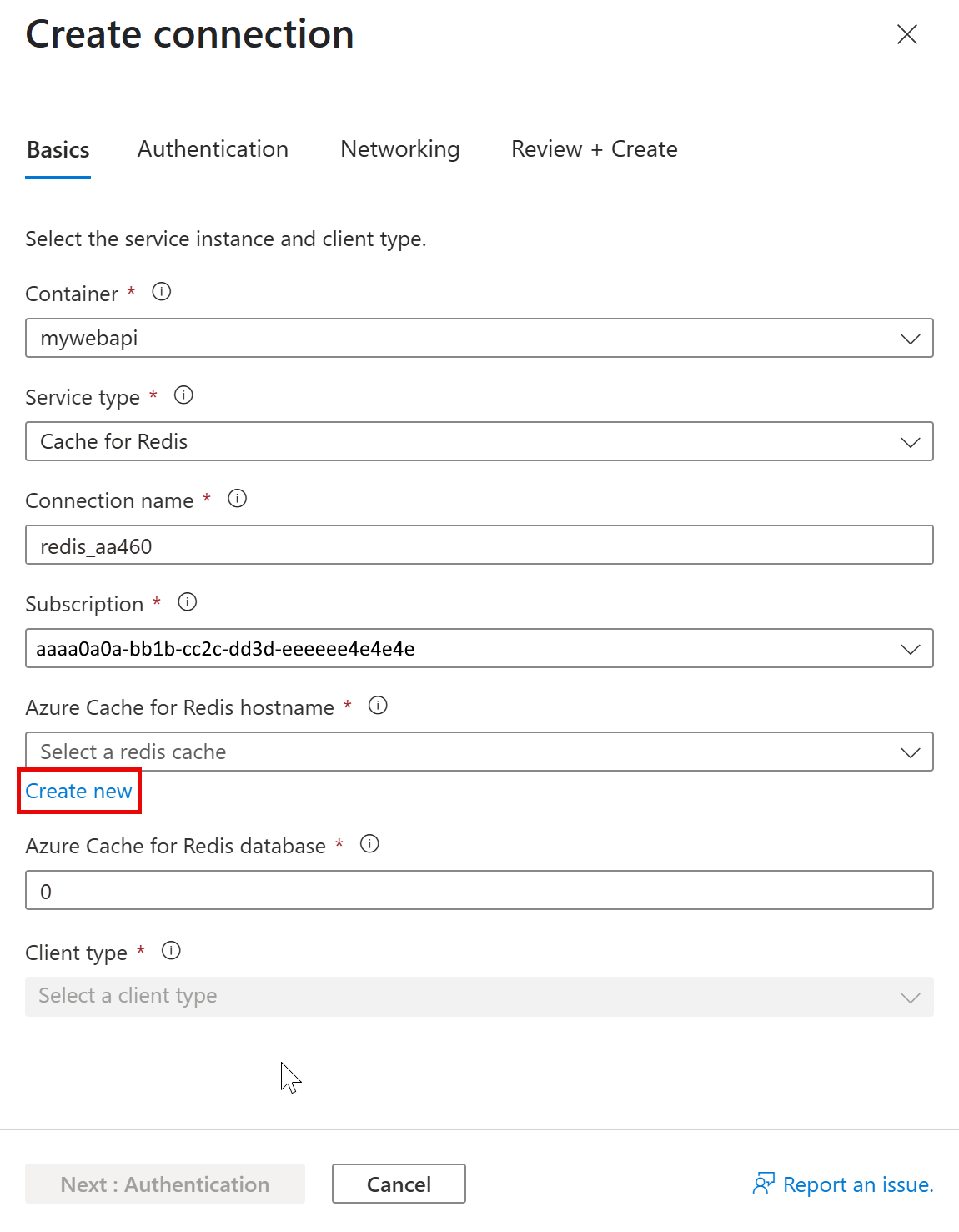 Screenshot that shows the Service Connector screen in the Web API container app.