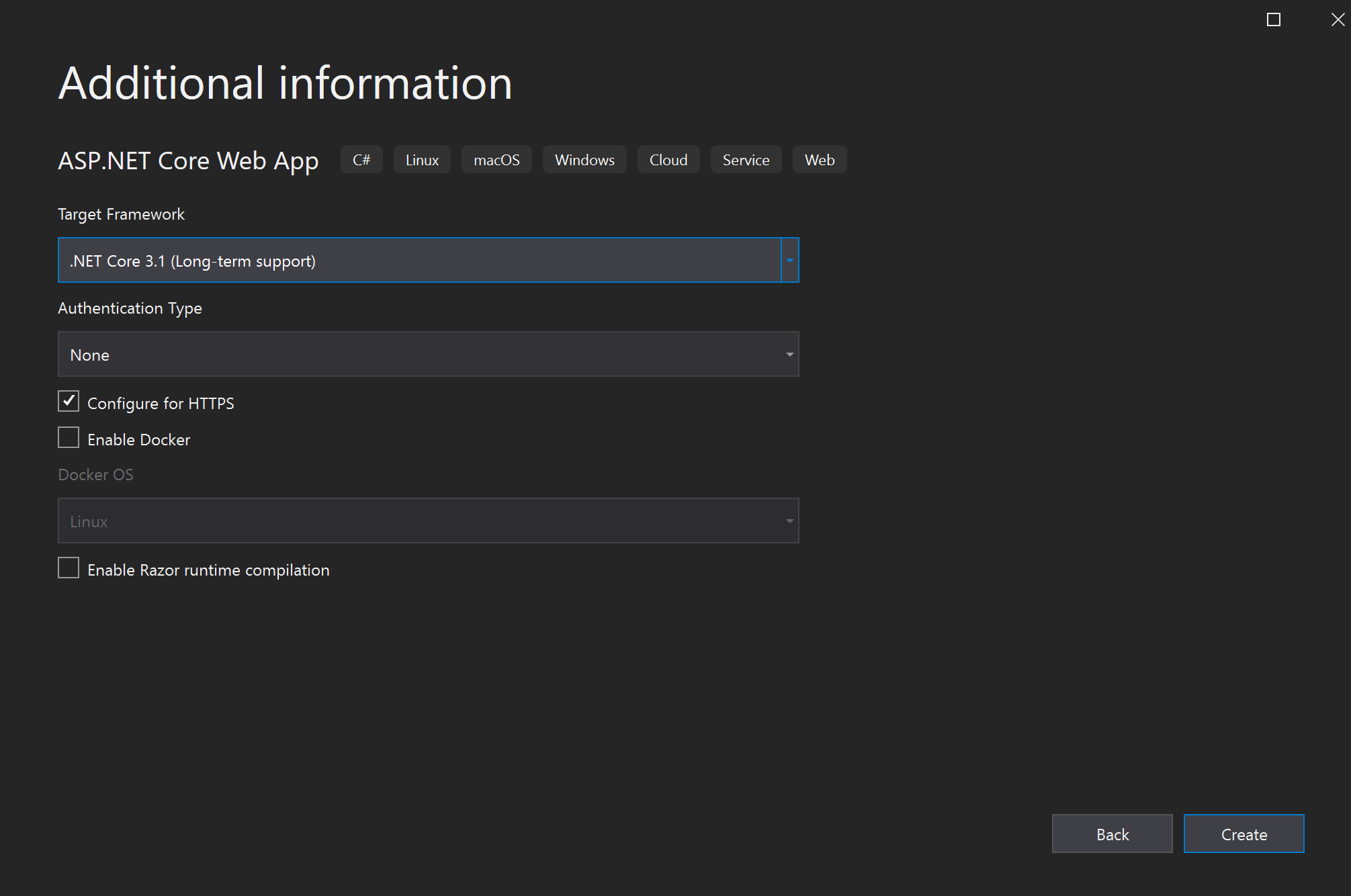 Screenshot that shows the default settings in the Additional information window where the target framework is set to .NET Core 3.1.