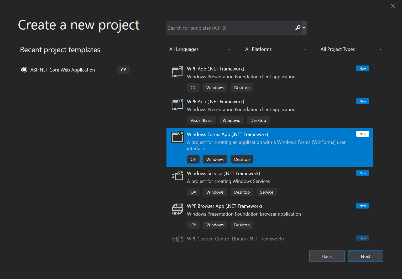 Screenshot showing the Windows Forms App (.NET Framework) for C#.