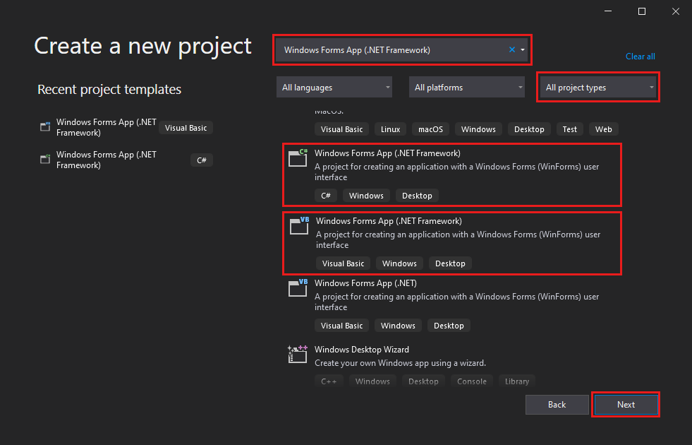 Screenshot shows the Create a new project dialog box with Windows Forms entered and options for Windows Forms App in Visual Studio 2019.