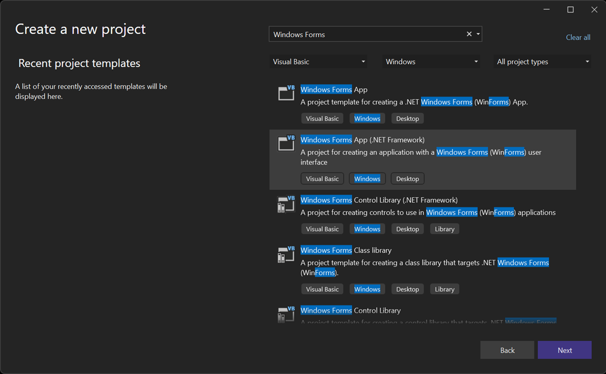 Screenshot that shows the Create a new project window with Windows Forms App (.NET Framework) selected.