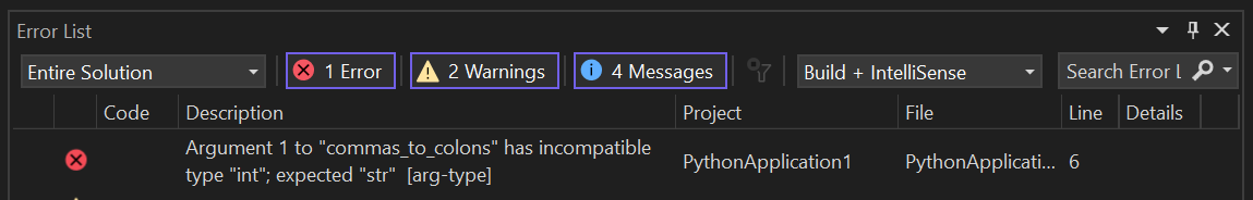 Screenshot that shows the example result of Mypy validating type hints.