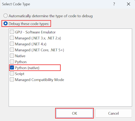 Screenshot that shows how to select the Python (native) code type for debugging in the Visual Studio.