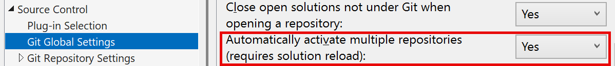 Screenshot showing the Automatically activate multiple repositories setting in the Options dialog box.