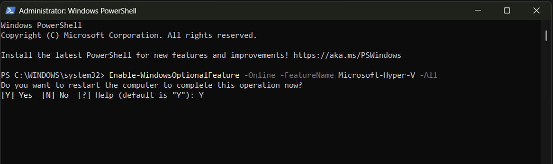 Screenshot of PowerShell window after running the command to enable Hyper-V.