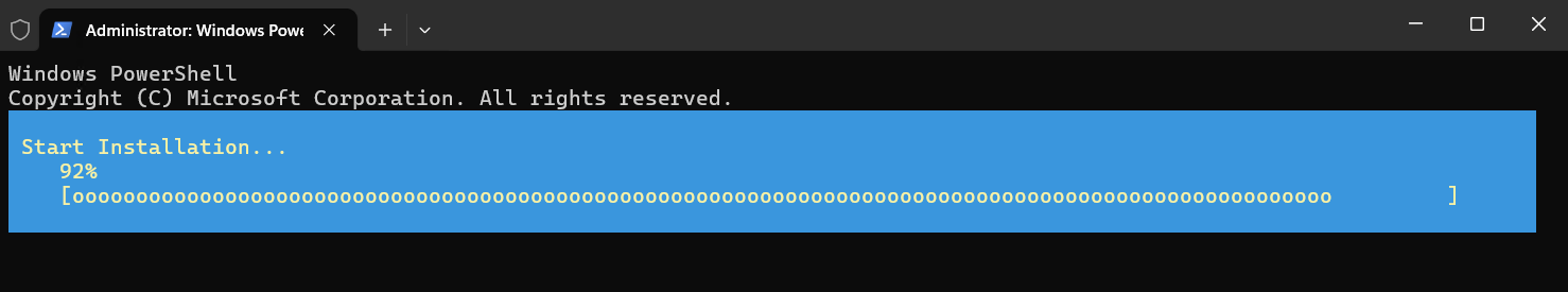 Screenshot of PowerShell window showing the progress to install Hyper-V in Windows Server.