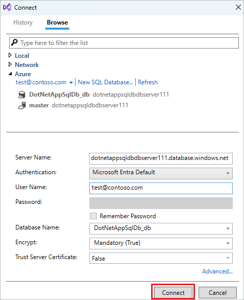 Configuración de la conexión de base de datos de Visual Studio