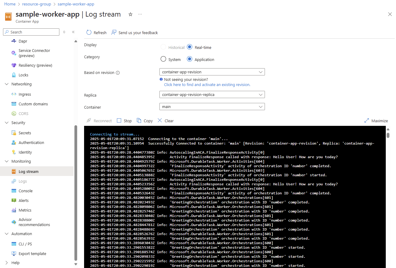 Captura de pantalla del flujo de registro del contenedor de trabajo en Azure Portal.
