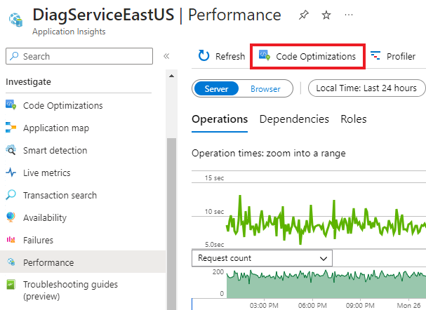 Captura de pantalla de optimizaciones de código ubicadas en la hoja Rendimiento.