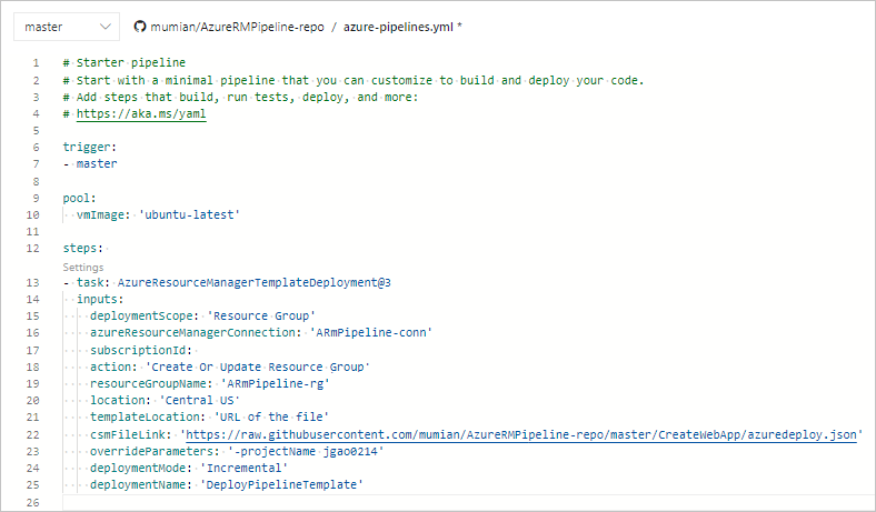 Captura de pantalla de la página Revisar con la nueva canalización titulada Revisar su canalización YAML para Azure DevOps Azure Pipelines.