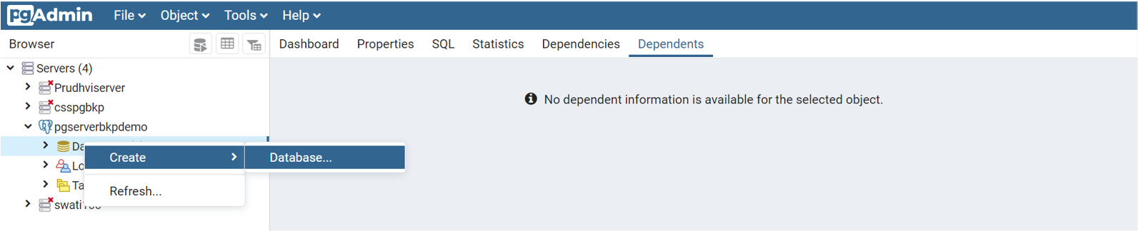 Captura de pantalla que muestra las selecciones de menú para agregar nuevas bases de datos y usuarios de base de datos a un servidor.
