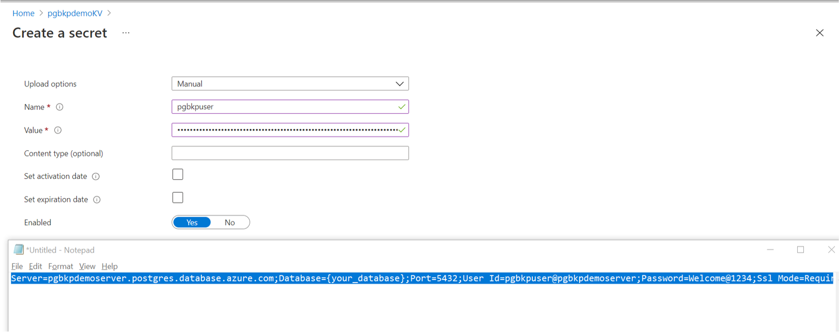 Captura de pantalla que muestra el panel para crear un secreto y un archivo del Bloc de notas que contiene una cadena de conexión.