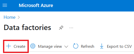 Captura de pantalla del botón Crear en la página de Azure Portal para factorías de datos.