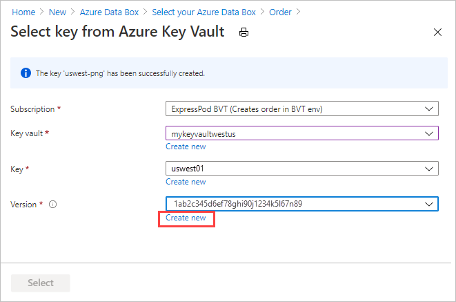 Captura de pantalla que muestra el mensaje de confirmación al crear una nueva clave de Azure Key Vault para proporcionar una clave administrada por el cliente en la pestaña Seguridad del pedido de exportación de Data Box.