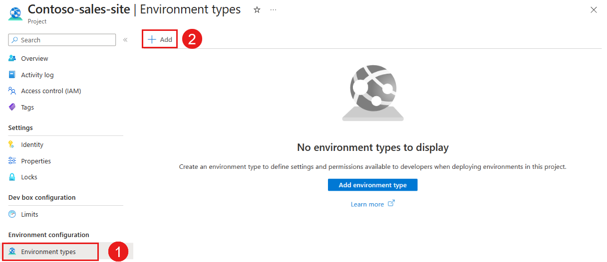 Captura de pantalla que muestra el panel de tipos de entorno.