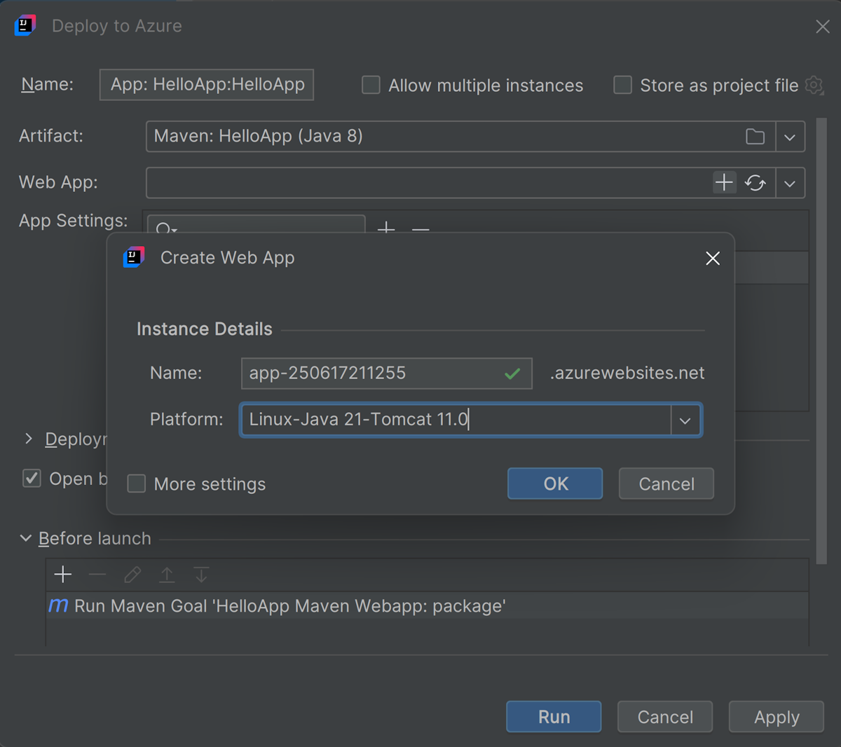 Cuadro de diálogo Implementar en Azure.