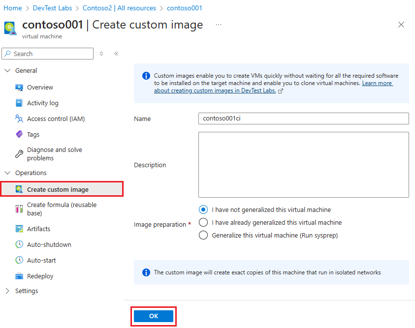 Captura de pantalla en la que se muestra la selección de Crear imagen personalizada en la página Información general de una máquina virtual.