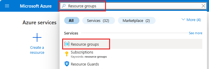 Captura de pantalla que muestra la página de los grupos de recursos.