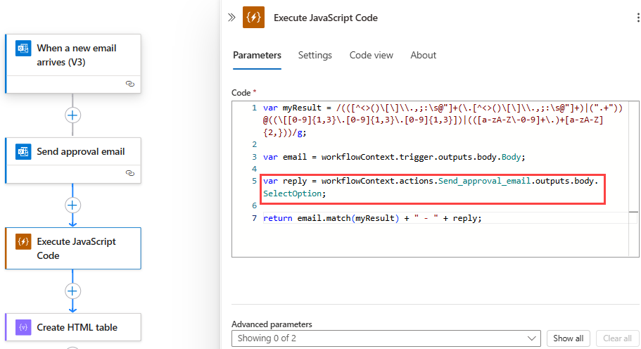 Captura de pantalla que muestra el flujo de trabajo de consumo y la acción Ejecutar código JavaScript con el fragmento de código de ejemplo actualizado.
