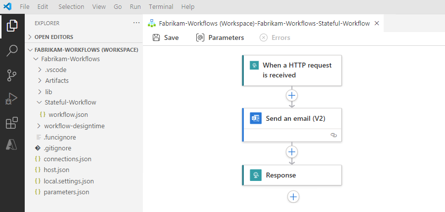 Captura de pantalla que muestra Visual Studio Code, el área de trabajo de la aplicación lógica, el proyecto y el flujo de trabajo.