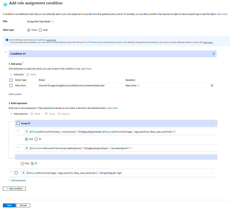 Captura de pantalla del editor de condiciones en Azure Portal en la que se muestra el acceso de lectura permitido a través de un punto de conexión privado específico para los usuarios etiquetados.