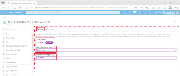 Imagen que muestra cómo establecer las propiedades del sitio web estático en Azure Portal