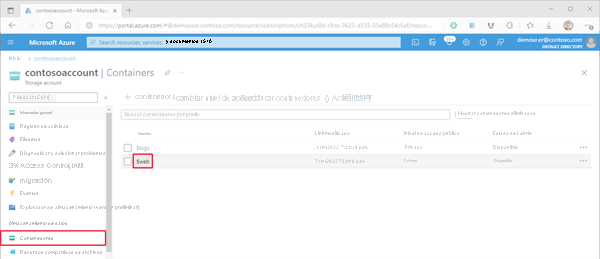 Imagen que muestra dónde buscar el contenedor de almacenamiento del sitio web en Azure Portal