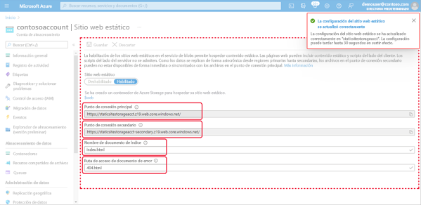 Imagen que muestra las propiedades del sitio web estático en Azure Portal
