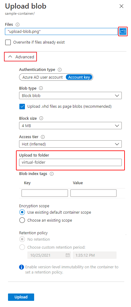 Captura de pantalla que muestra cómo cargar un blob desde la unidad local a través de Azure Portal