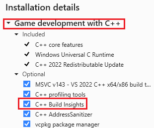 Captura de pantalla del Instalador de Visual Studio con la carga de trabajo Desarrollo de juegos con C++ seleccionada.
