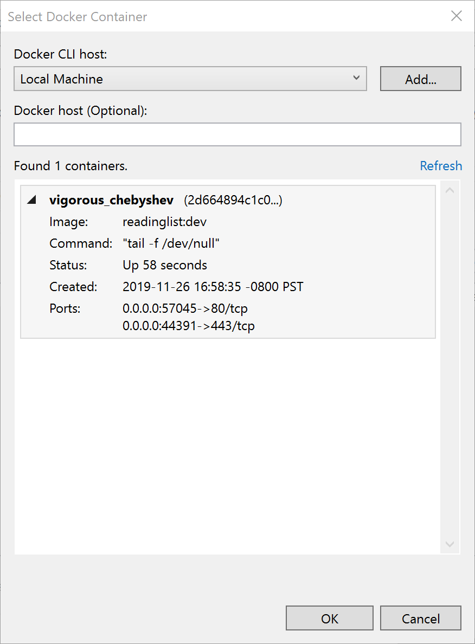 Captura de pantalla del menú Seleccionar Contenedor de Docker.