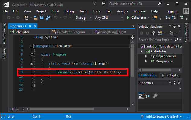 Captura de pantalla en la que se muestra el código predeterminado Hello World que se va a eliminar de la nueva aplicación de calculadora.
