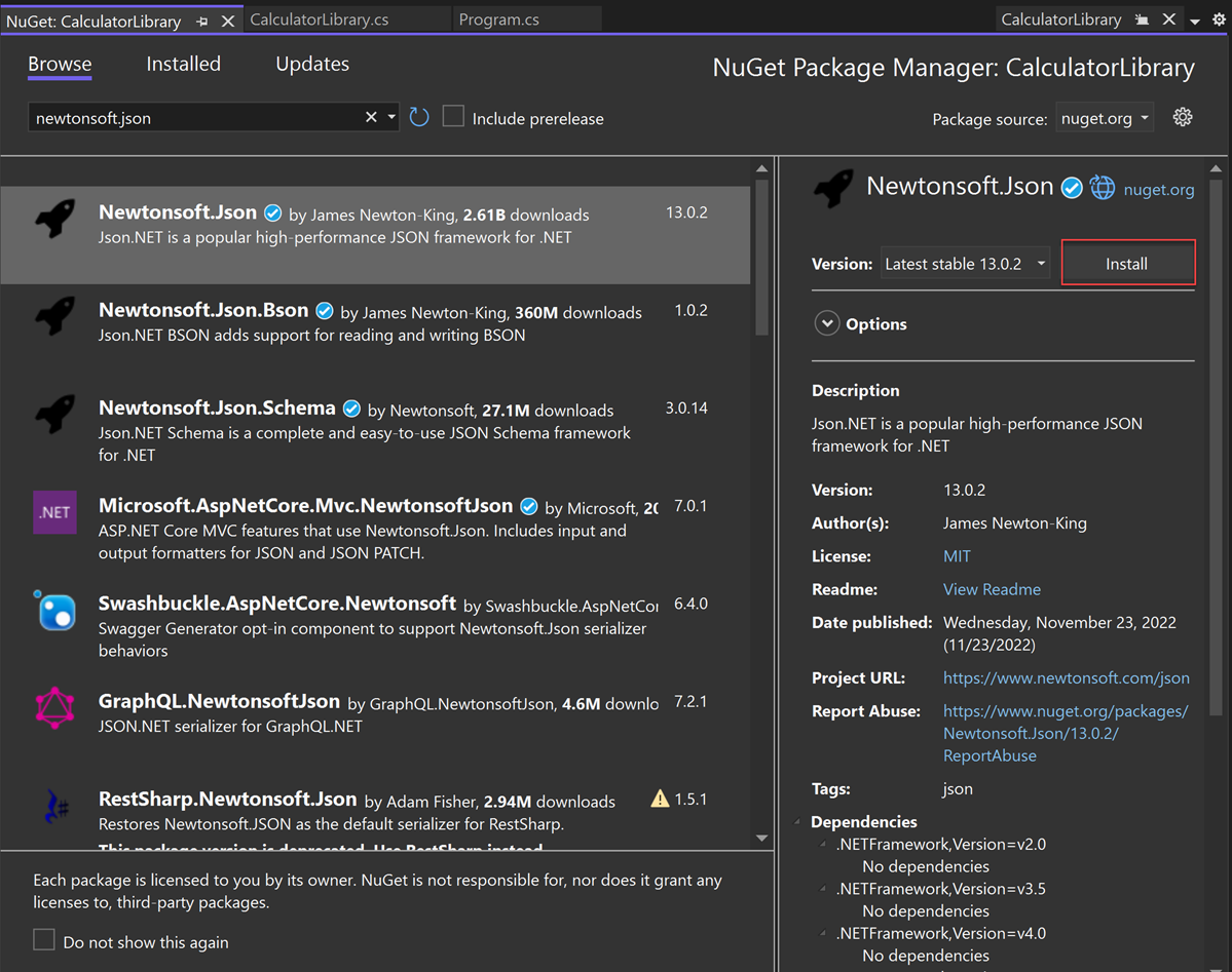 Captura de pantalla de la información del paquete NuGet Newtonsoft J SON en el Administrador de paquetes NuGet.