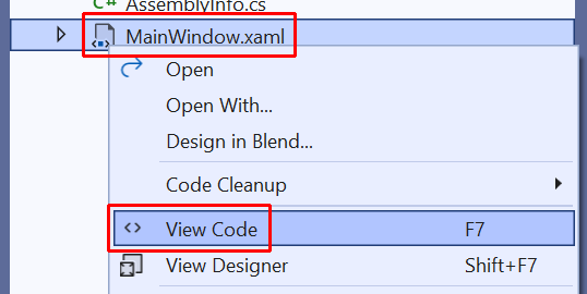 MainWindow コードを表示します。
