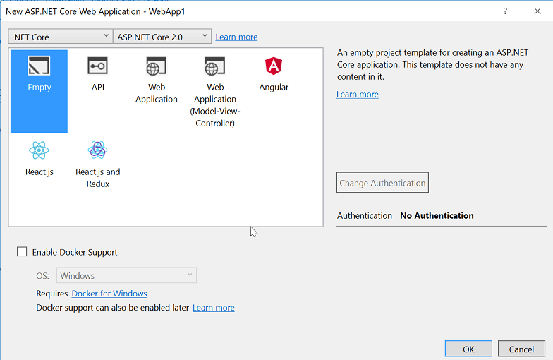 新しい ASP.NET Web アプリケーション ダイアログ: ASP.NET Core テンプレート パネルで選択された空のプロジェクト テンプレート