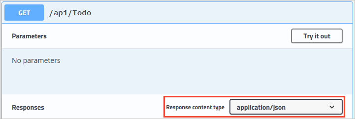 Swagger UI は既定の応答コンテンツタイプを使用します。