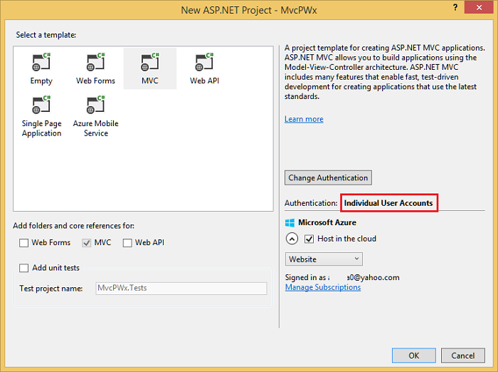 [新しい ASP.NET プロジェクト] ウィンドウが表示されているスクリーンショット。デフォルトの認証である [個人ユーザー アカウント] が強調表示されています。