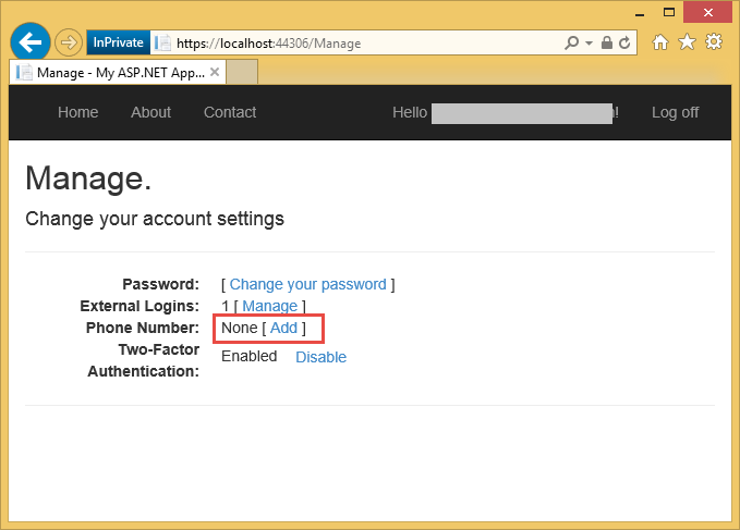 ASP. NET アプリの [アカウント設定] ページが表示されているスクリーンショット。[電話番号] セクションの横の [追加なし] が強調表示されています。
