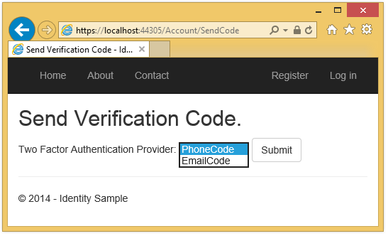 ASP.NET アプリの [確認コードの送信] ページが表示されているスクリーンショット。[電話コード] と [電子メール コード] を示すドロップダウン メニューが選択されています。