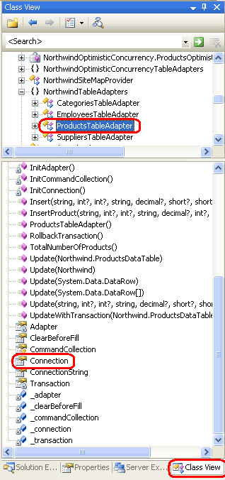  クラス ビューで Connection プロパティをDouble-Click して自動生成されたコードを表示する