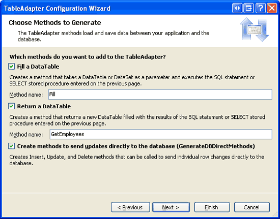 TableAdapter のメソッド Fill と GetEmployees に名前を付ける