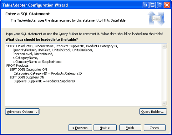 JOIN を含むクエリが入力された TableAdaptor 構成ウィザード ウィンドウを示すスクリーンショット。