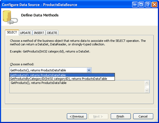 ProductsCL クラスのメソッドは、Drop-Down リストに一覧表示されます